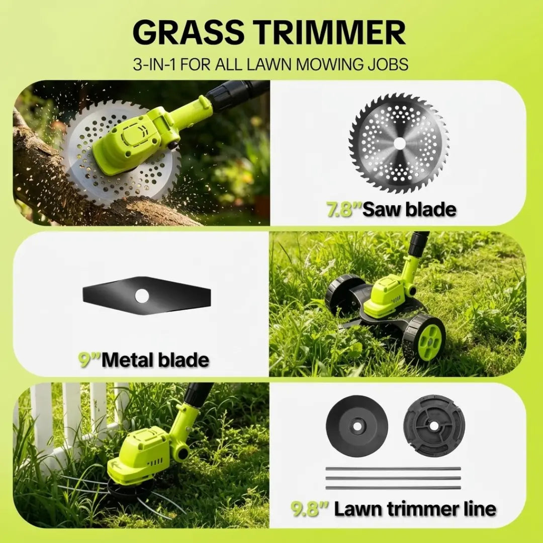 Sorlyn 3-in-1 Cordless Grass Trimmer & Edger Lightweight Lawn Mower for Small Yards + FREE BATTERY + CHARGER + WHEEL Included