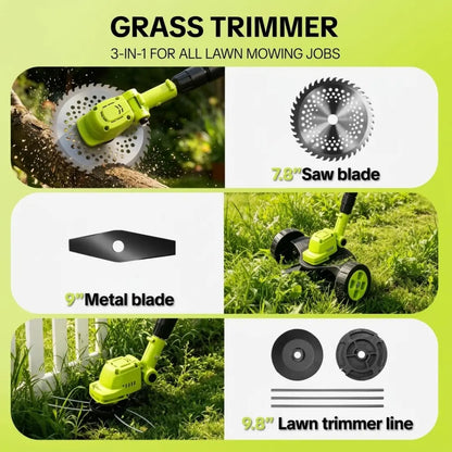 Sorlyn 3-in-1 Cordless Grass Trimmer & Edger Lightweight Lawn Mower for Small Yards + FREE BATTERY + CHARGER + WHEEL Included