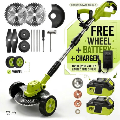 Sorlyn 3-in-1 Cordless Grass Trimmer & Edger Lightweight Lawn Mower for Small Yards + FREE BATTERY + CHARGER + WHEEL Included