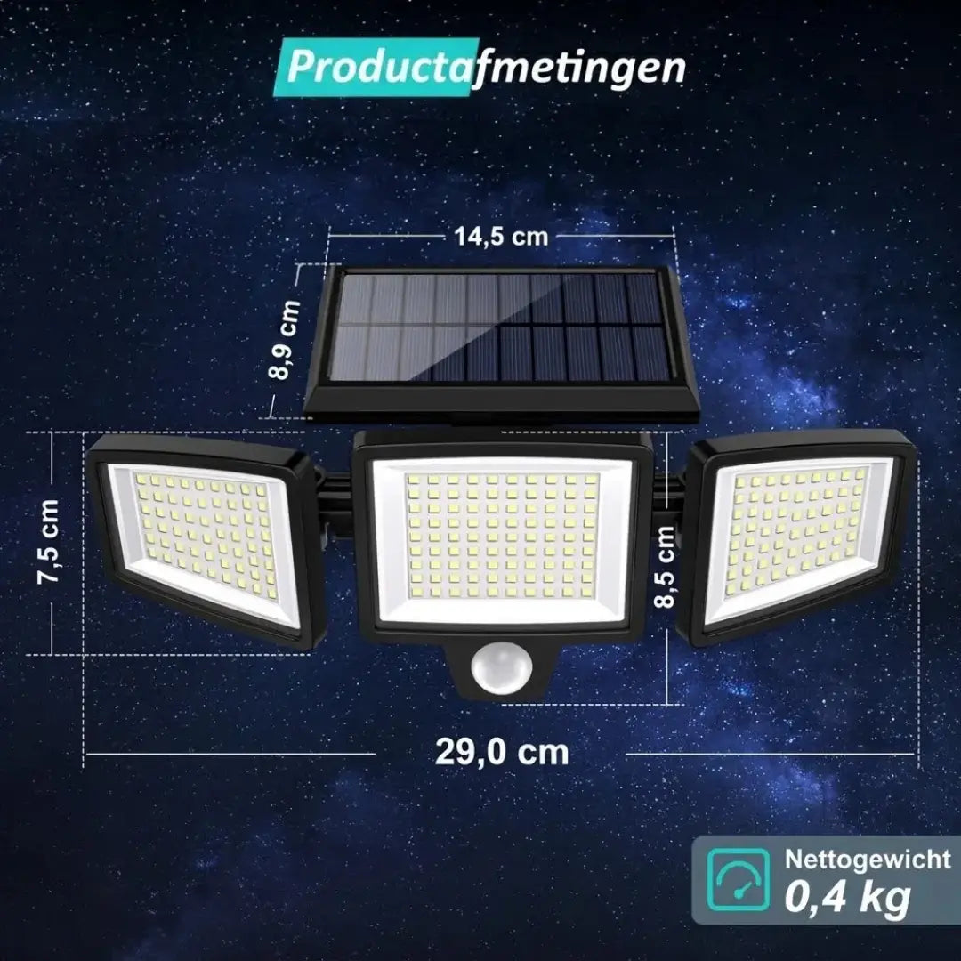 Sorlyn 2500LM Solar Bewegingssensor Beveiligingslamp – Buiten Schijnwerper met 3 Koppen