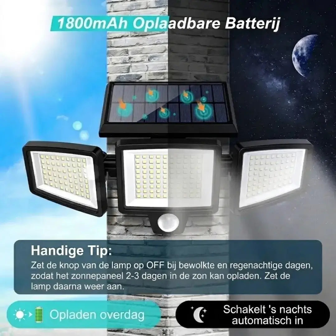 Sorlyn 2500LM Solar Bewegingssensor Beveiligingslamp – Buiten Schijnwerper met 3 Koppen