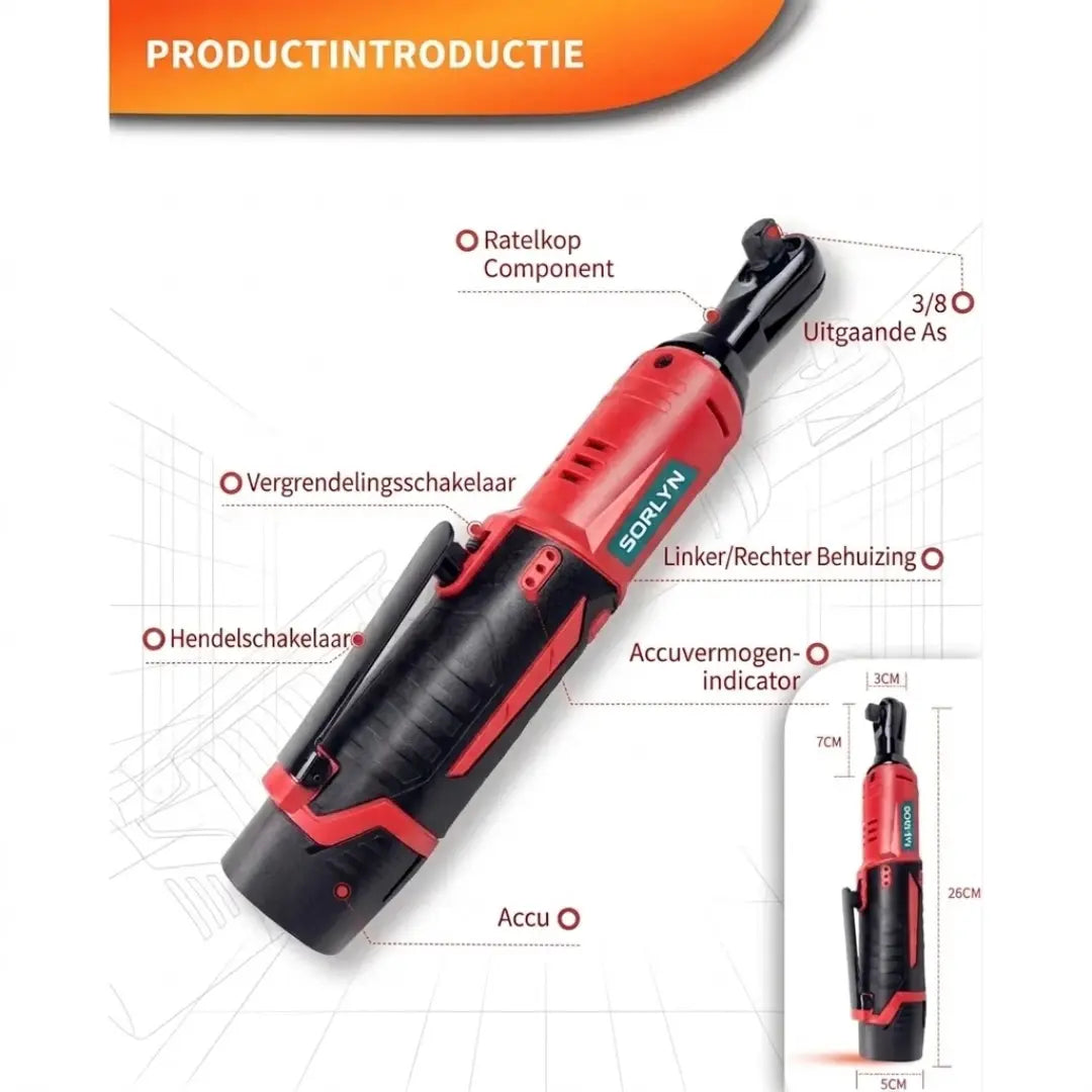 Sorlyn S2 Snoerloze Elektrische Ratelsleutel Set 3/8", 40Nm Koppel (Inclusief 2x 1500mAh Accu's, Doppen & Oplader)